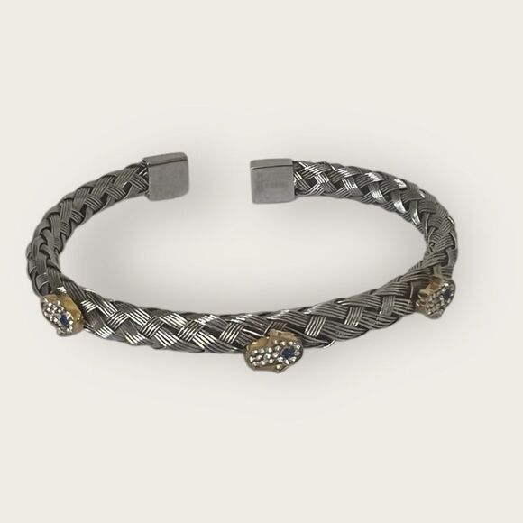 Stainless steel & gold plated cuff bracelet with 3 hamsa 🪬 hands braided design - Picture 4 of 7